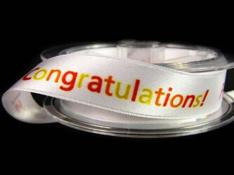 Wstążka 16mm atłas GRATULACJE biała