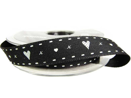 Wstążka 15mm tafta HEARTS & KISSES czarna