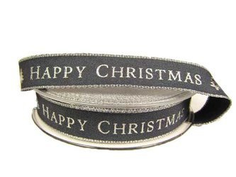 Wstążka 15mm tafta HAPPY CHRISTMAS ciemny popiel