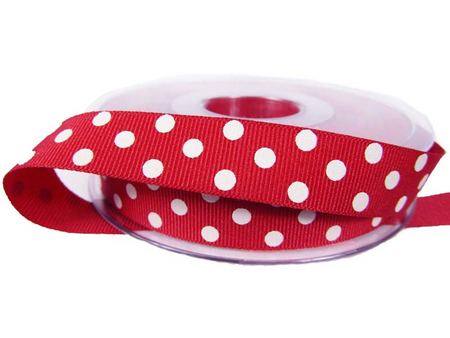 Wstążka 15mm ryps czerwona KROPKI białe