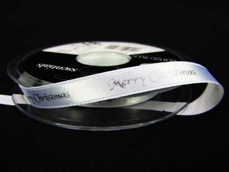 Wstążka 10mm atłas MERRY CHRISTMAS biała