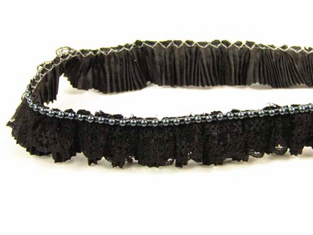 Taśma 3cm falbanka tafta, koronka & perła czarna
