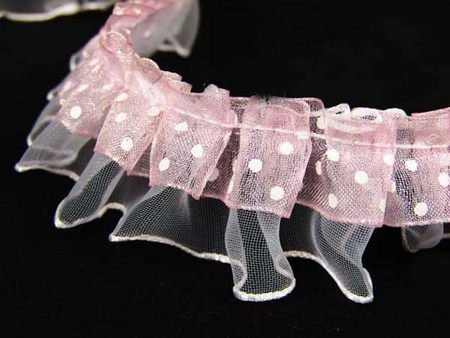 Taśma 2,5cm falbanka organtyna kropka jasny róż