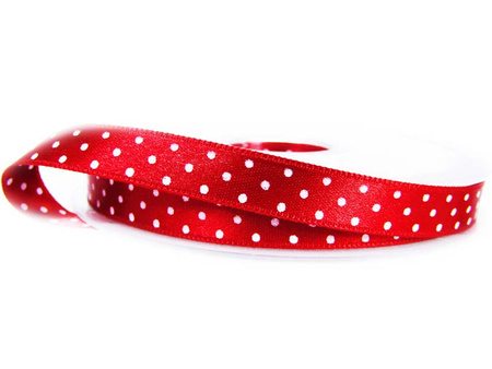 Wstążka 10mm atłas dwustronna DOTS czerwona