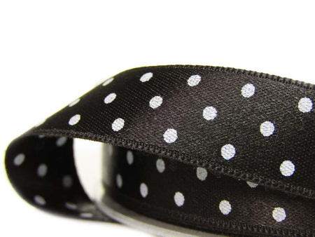 Wstążka 15mm atłas dwustronna DOTS czarna