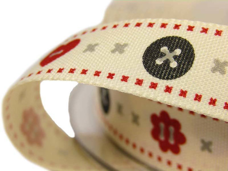 Wstążka 15mm tafta GUZIK & SERCE natural