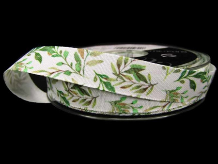 Wstążka 15mm tafta LEAVES biała