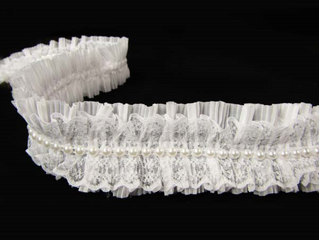 Taśma 5cm plisowana z koronką & perłą biała