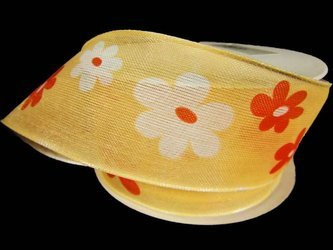 Wstążka 40mm organtyna KWIATY jasnopomarańczowa